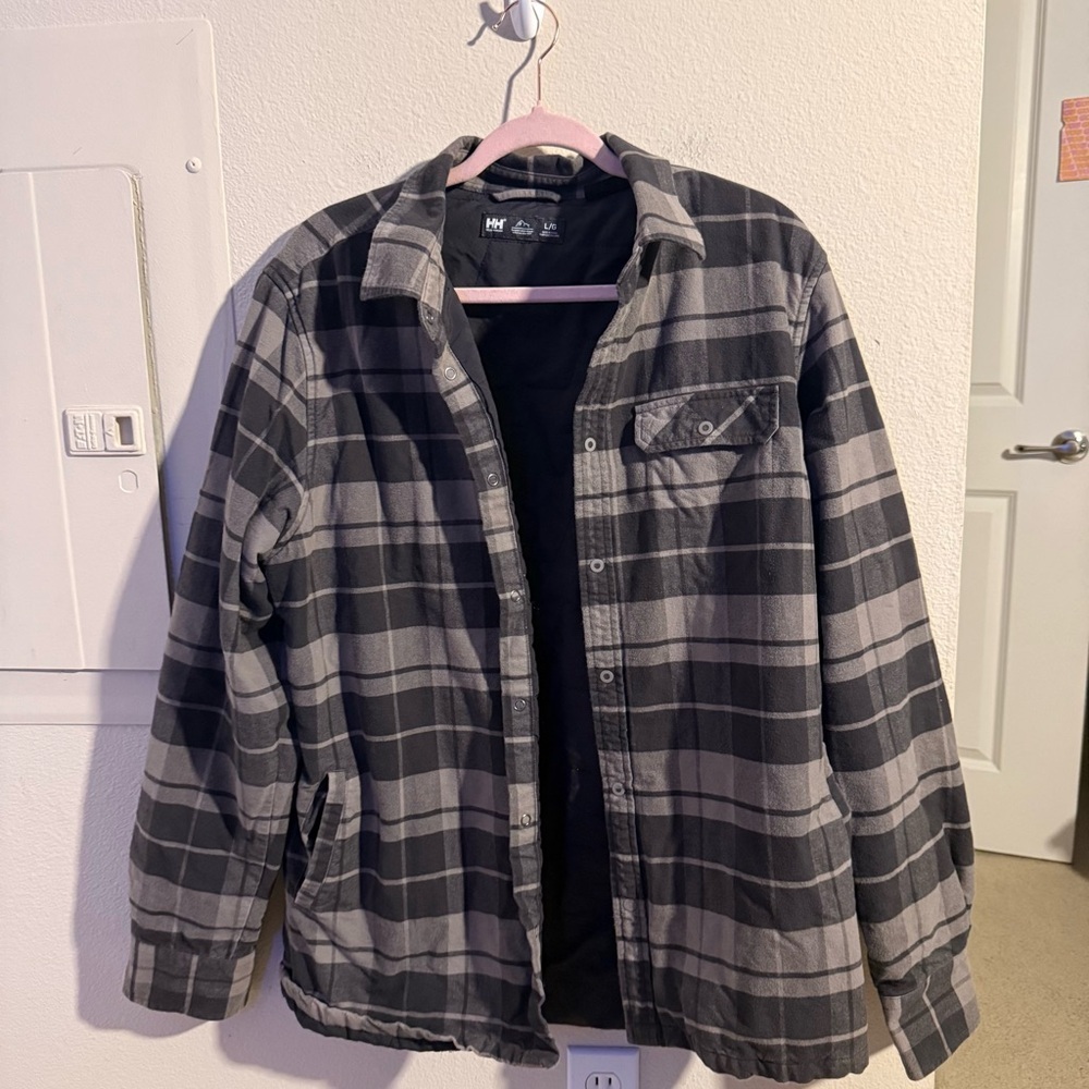 Helly Hansen Lined Flannel Shirt Jacket Gray Plaid Snap Front Men’s L